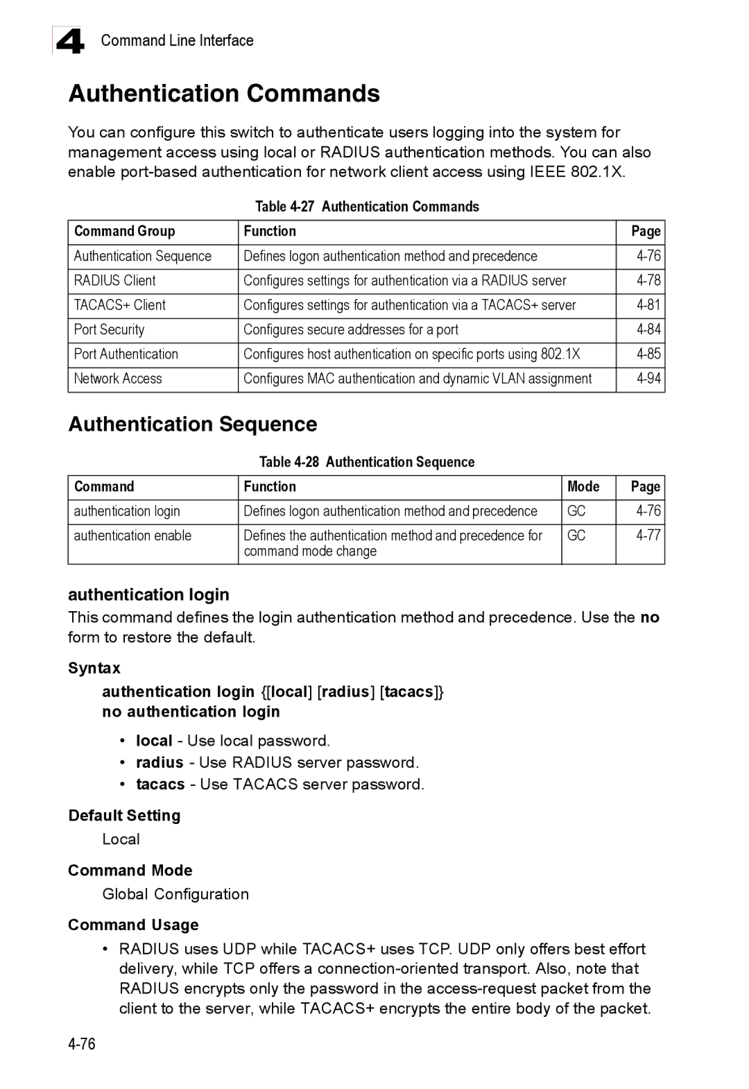 Accton Technology ES3526XA, ES3552XA manual Authentication Commands, Authentication Sequence, Authentication login 