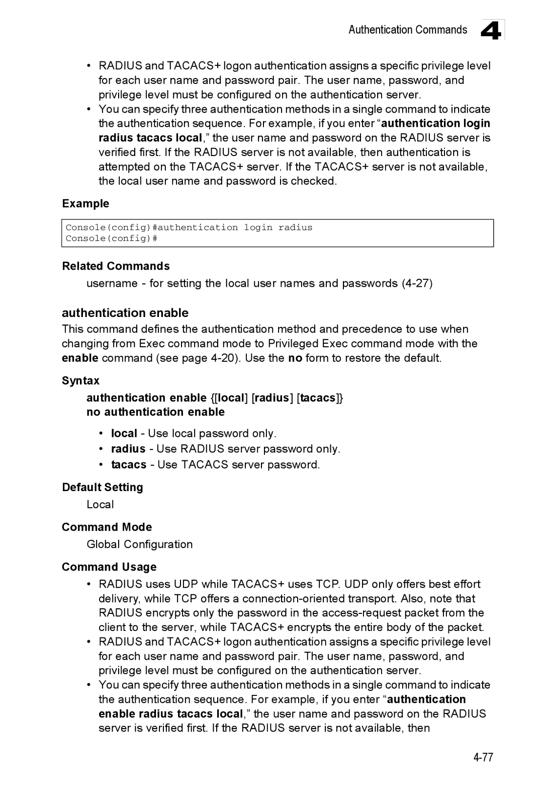 Accton Technology ES3552XA, ES3526XA manual Authentication enable, Username for setting the local user names and passwords 