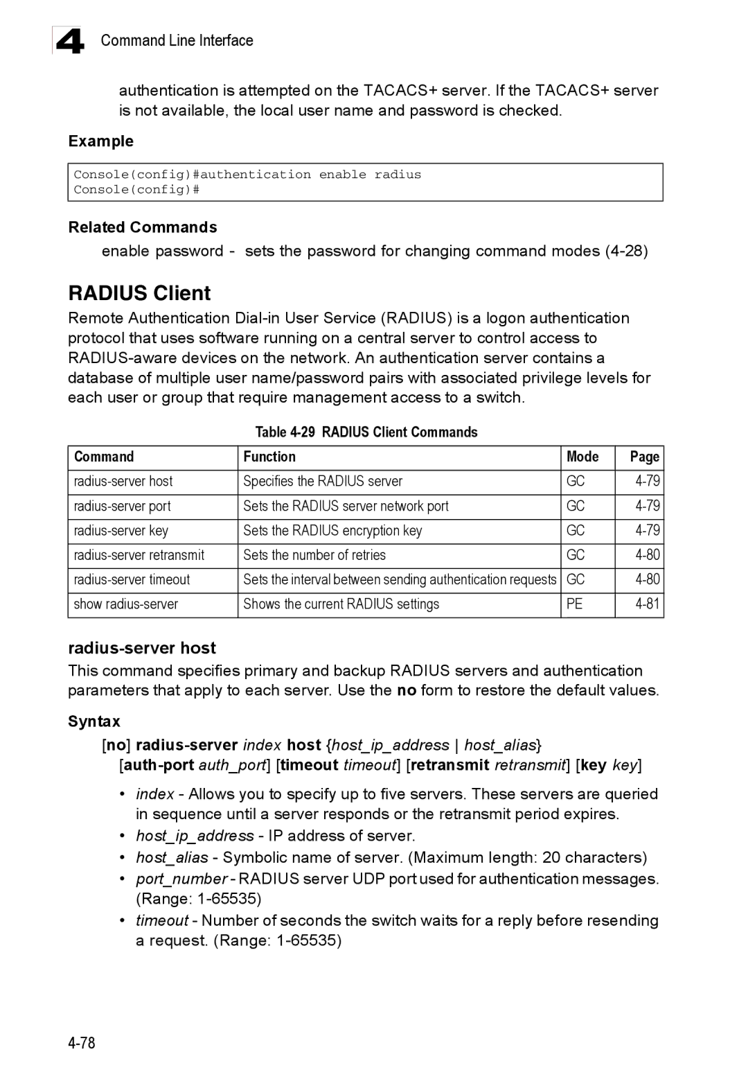 Accton Technology ES3526XA, ES3552XA manual Radius-server host, Radius Client Commands Function Mode 