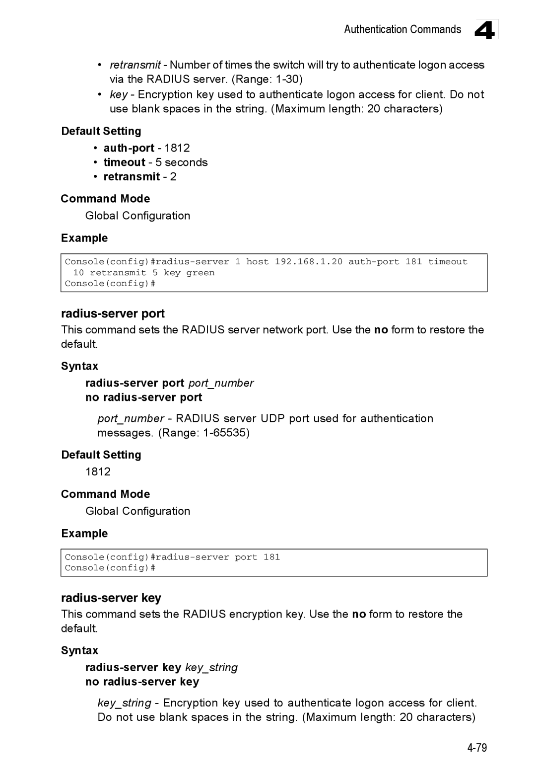 Accton Technology ES3552XA, ES3526XA manual Radius-server port, Radius-server key 