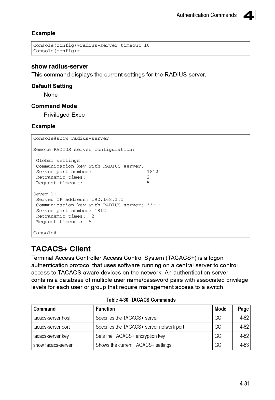 Accton Technology ES3552XA, ES3526XA manual TACACS+ Client, Show radius-server, Tacacs Commands Function Mode 