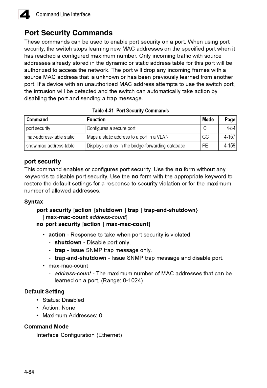 Accton Technology ES3526XA manual Port security, Port Security Commands Function Mode, Interface Configuration Ethernet 