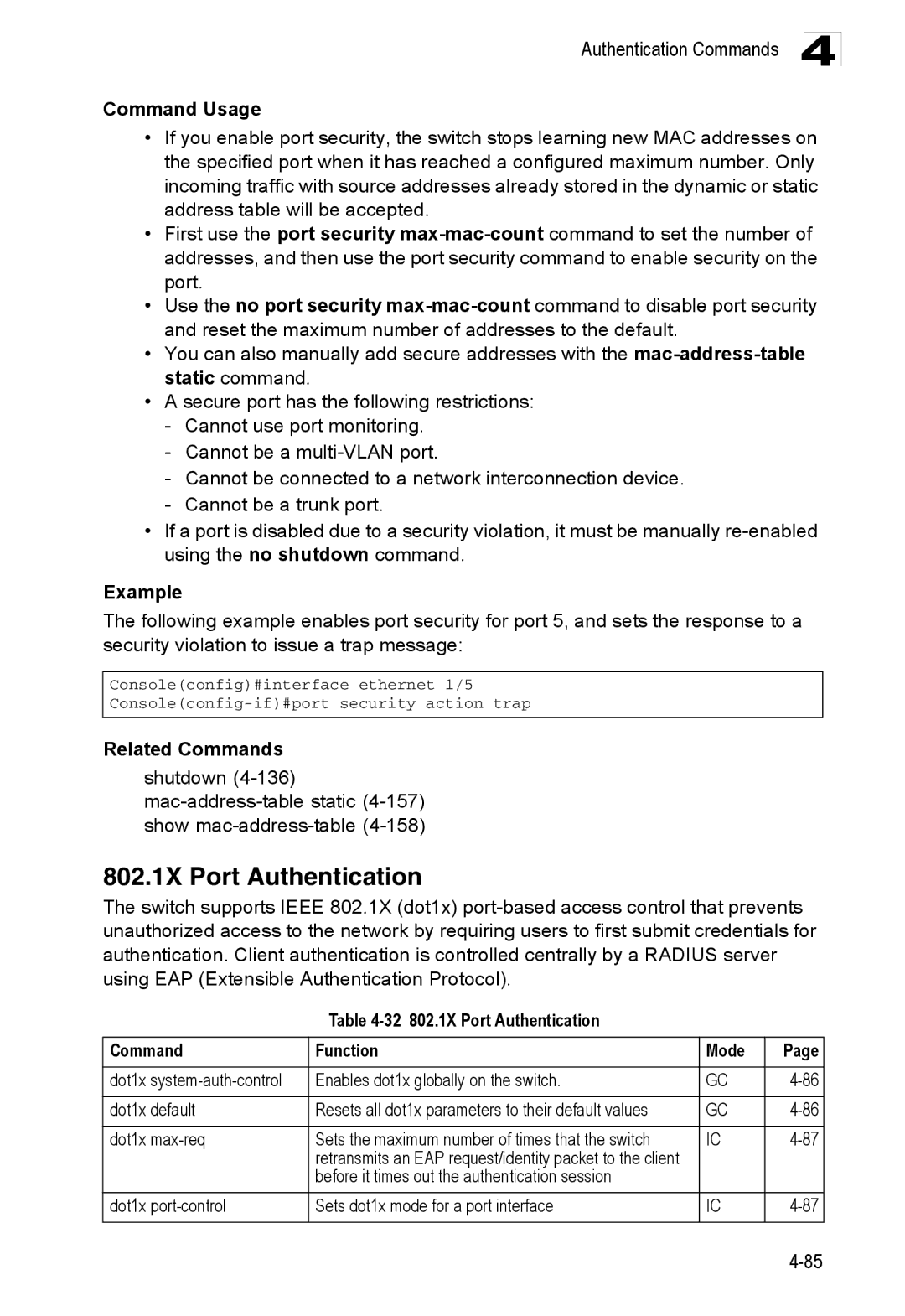 Accton Technology ES3552XA, ES3526XA manual 32 802.1X Port Authentication Command Function Mode 