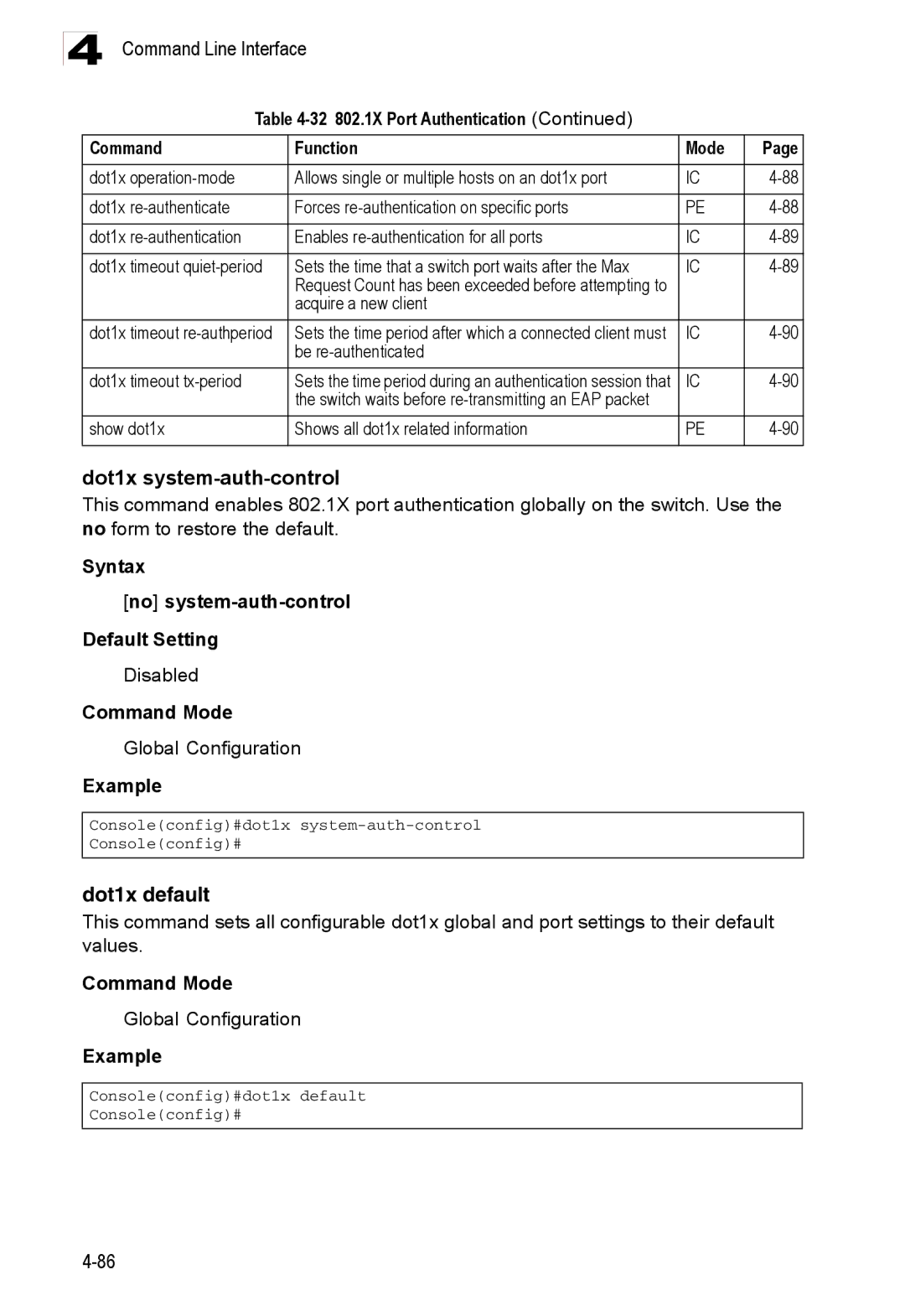 Accton Technology ES3526XA Dot1x system-auth-control, Dot1x default, Acquire a new client Dot1x timeout re-authperiod 