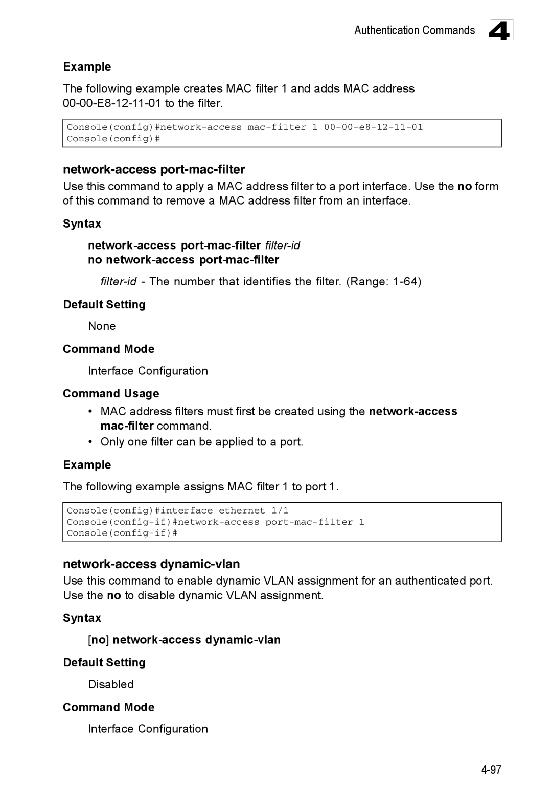 Accton Technology ES3552XA, ES3526XA manual Network-access port-mac-filter, Network-access dynamic-vlan 