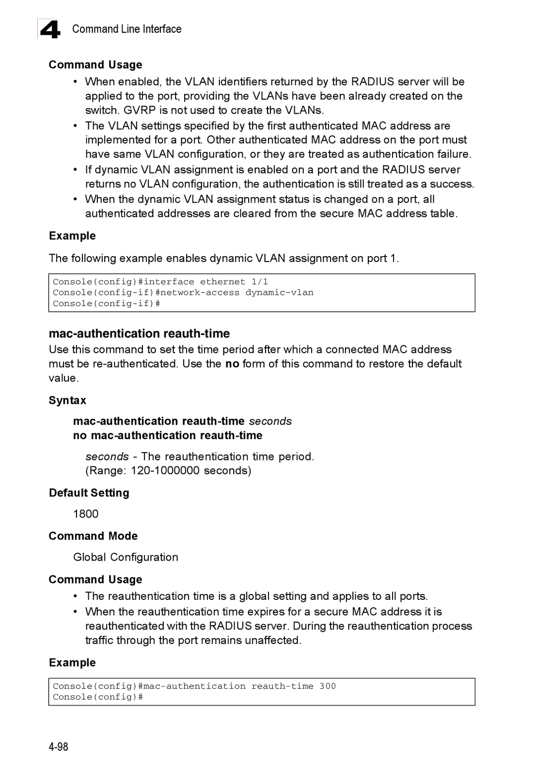 Accton Technology ES3526XA Mac-authentication reauth-time, Following example enables dynamic Vlan assignment on port, 1800 