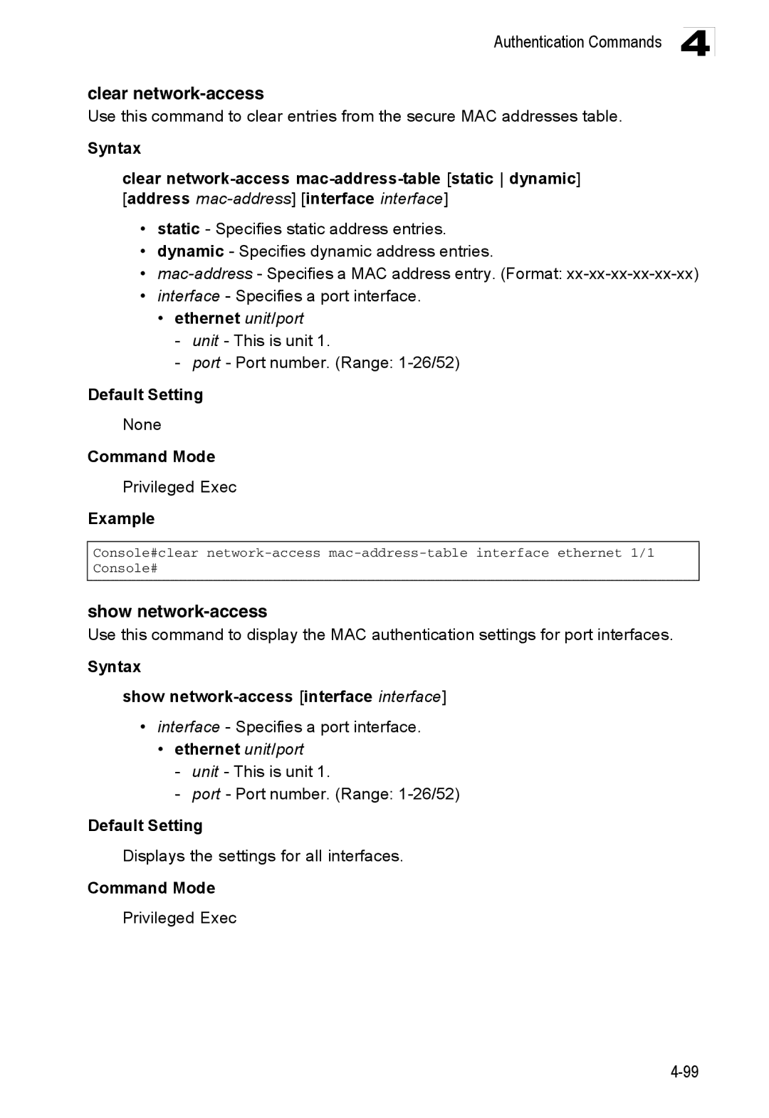 Accton Technology ES3552XA, ES3526XA manual Clear network-access, Syntax Show network-access interface interface 