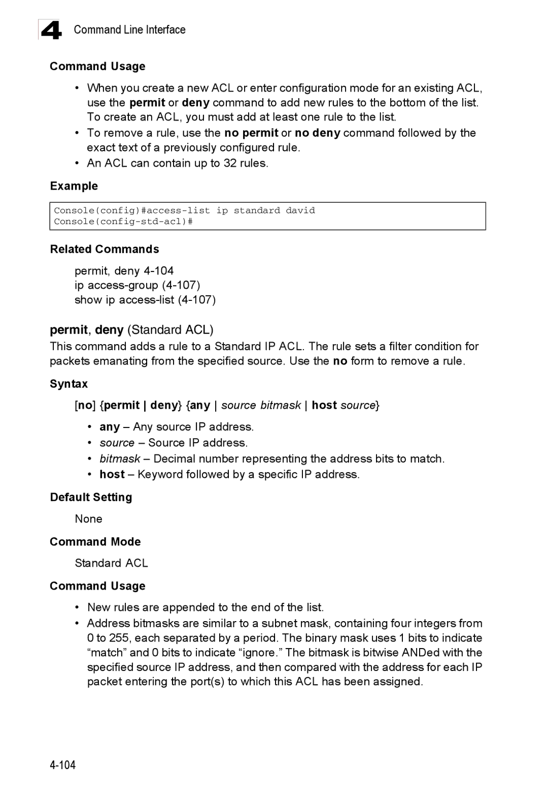 Accton Technology ES3526XA, ES3552XA manual Permit, deny Ip access-group4-107 show ip access-list4-107, Standard ACL 