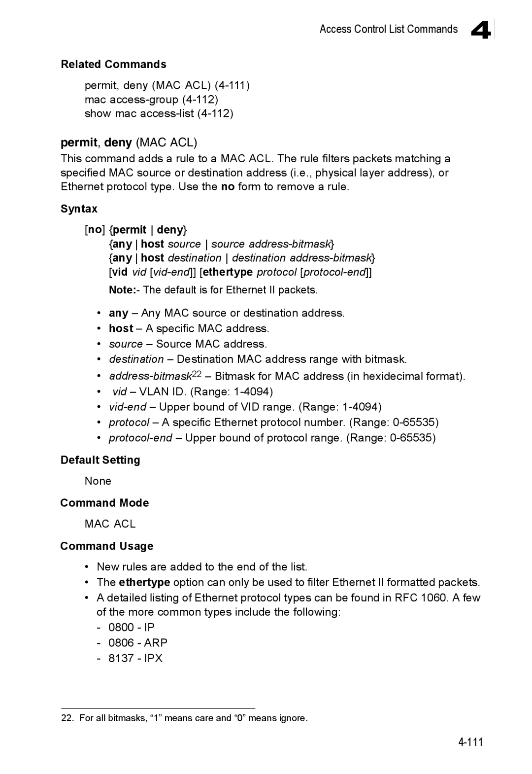 Accton Technology ES3552XA, ES3526XA manual Permit, deny MAC ACL, Syntax No permit deny 