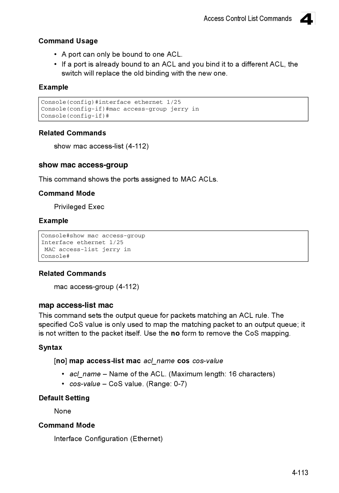 Accton Technology ES3552XA, ES3526XA manual Show mac access-group, Map access-list mac, Show mac access-list4-112 