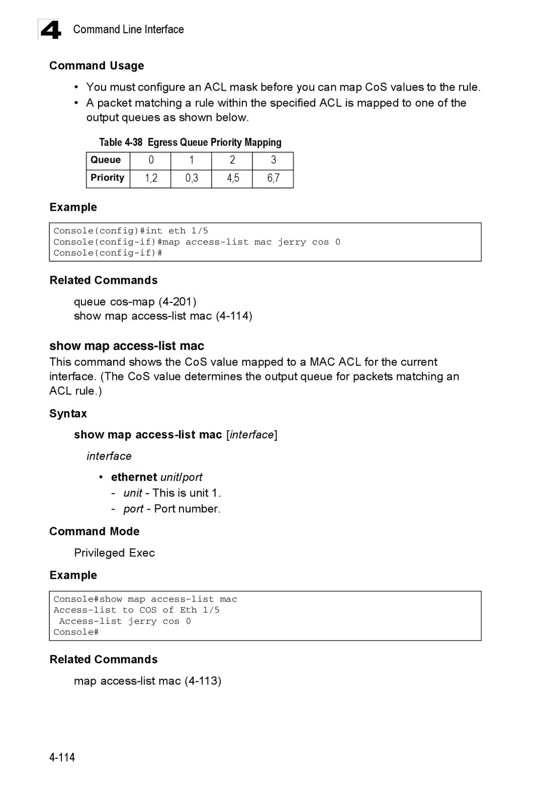 Accton Technology ES3526XA, ES3552XA manual Show map access-list mac, Egress Queue Priority Mapping 