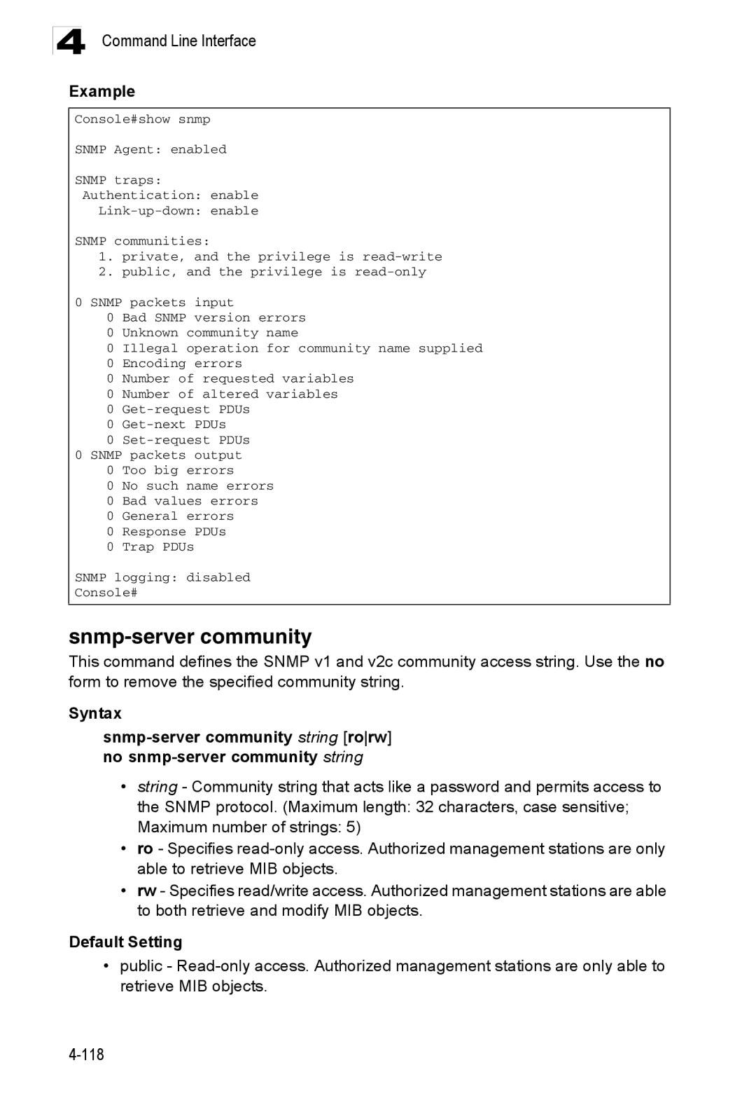 Accton Technology ES3526XA, ES3552XA manual Snmp-server community, Syntax 