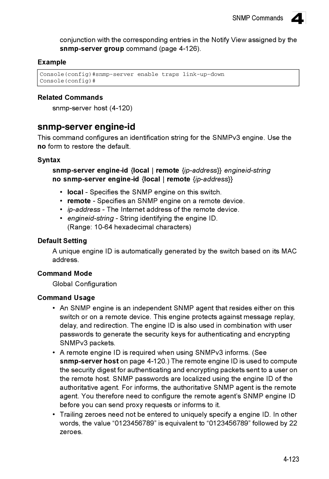 Accton Technology ES3552XA, ES3526XA manual Snmp-server engine-id, Snmp-server host 