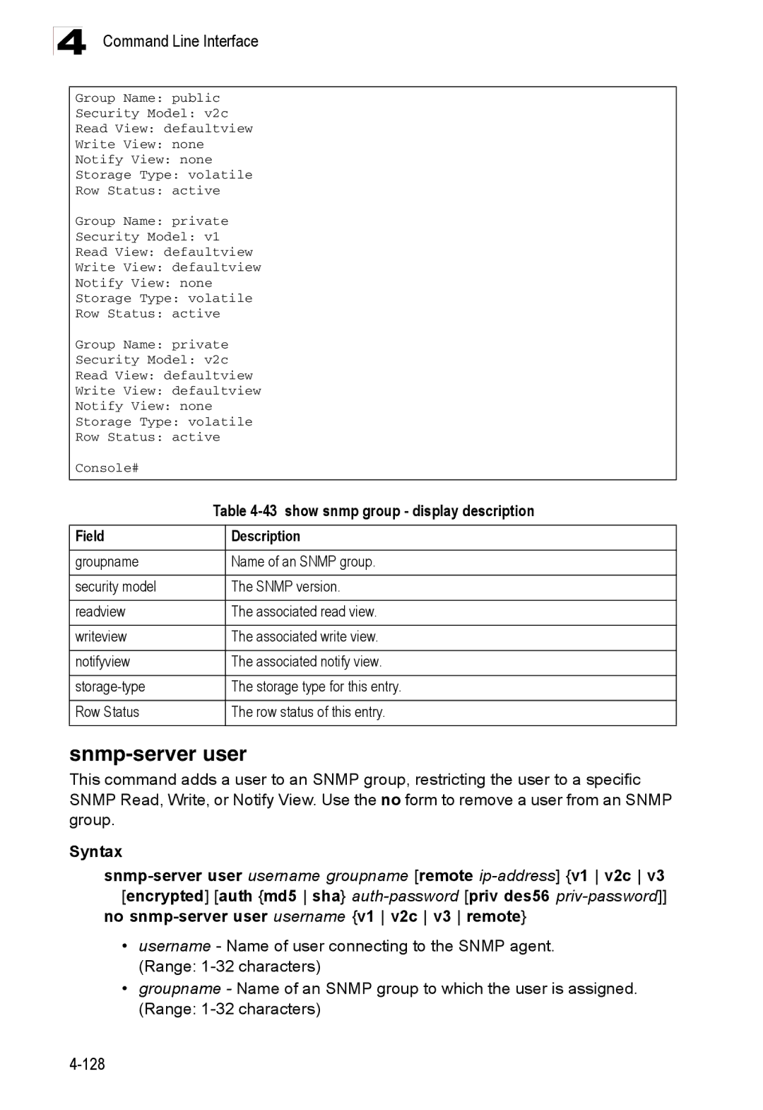 Accton Technology ES3526XA, ES3552XA manual Snmp-server user, show snmp group display description 