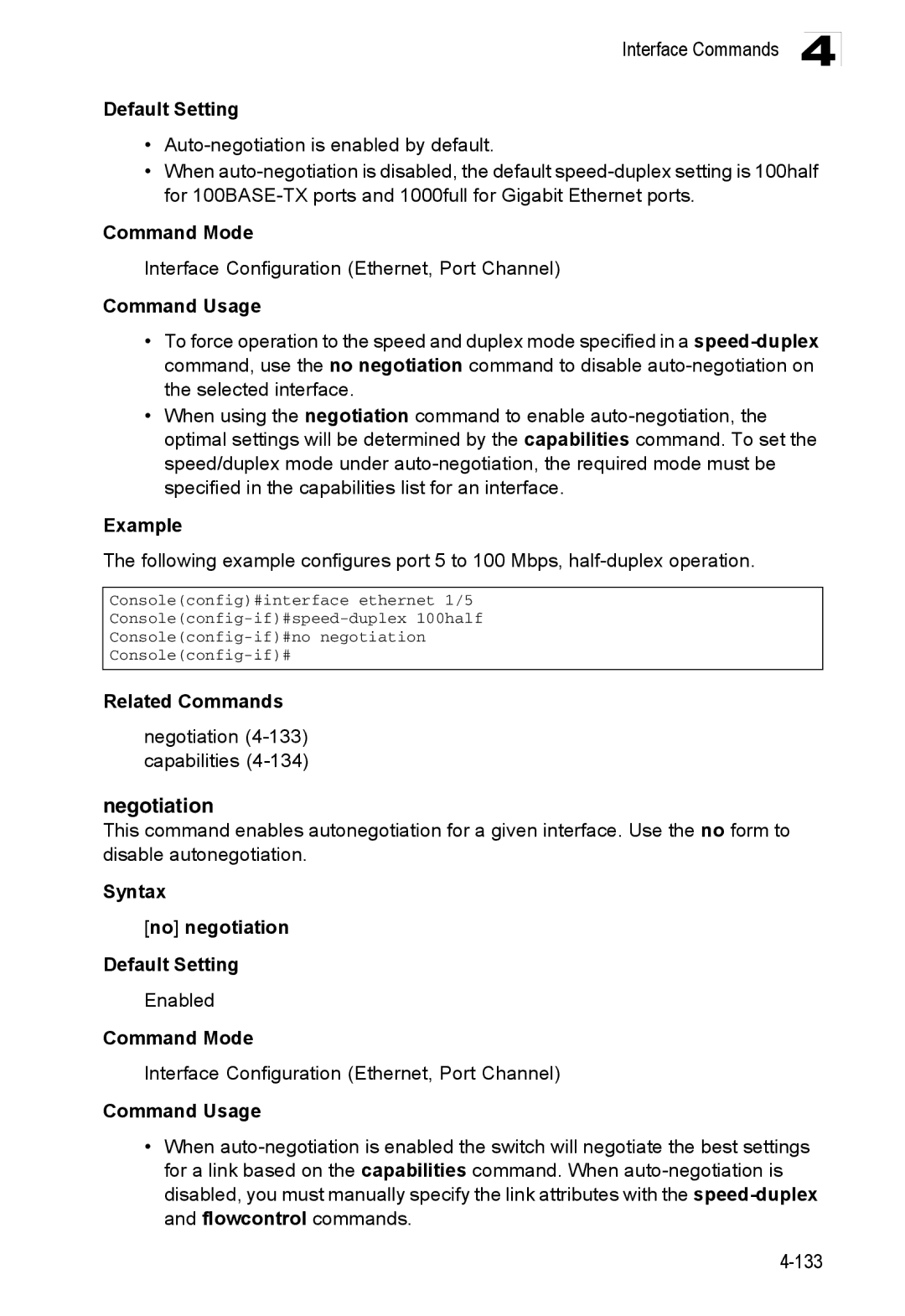 Accton Technology ES3552XA, ES3526XA manual Negotiation 4-133 capabilities, Syntax No negotiation Default Setting 