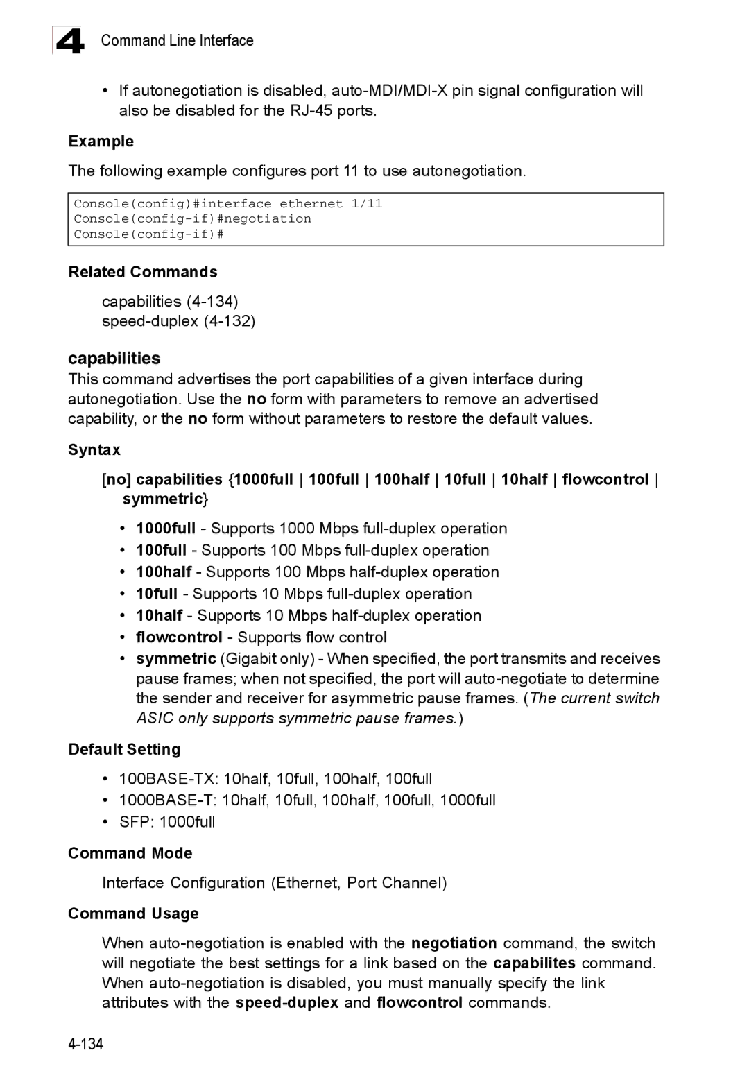 Accton Technology ES3526XA, ES3552XA manual Capabilities, Following example configures port 11 to use autonegotiation 