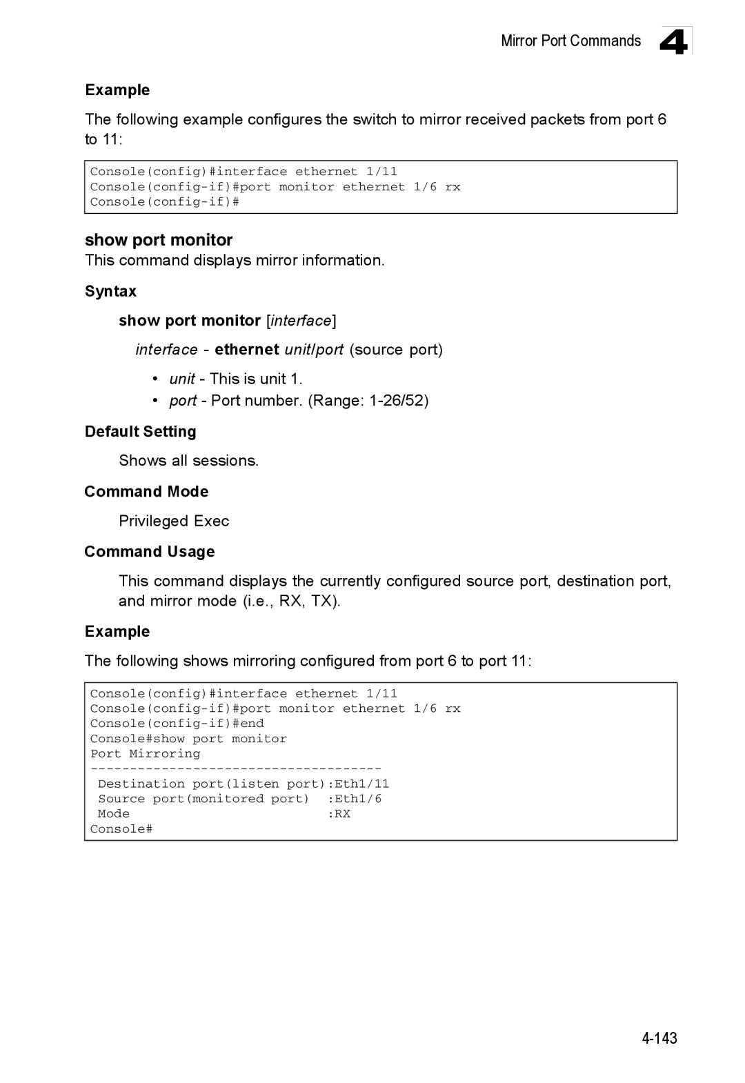Accton Technology ES3552XA, ES3526XA manual This command displays mirror information, Syntax Show port monitor interface 