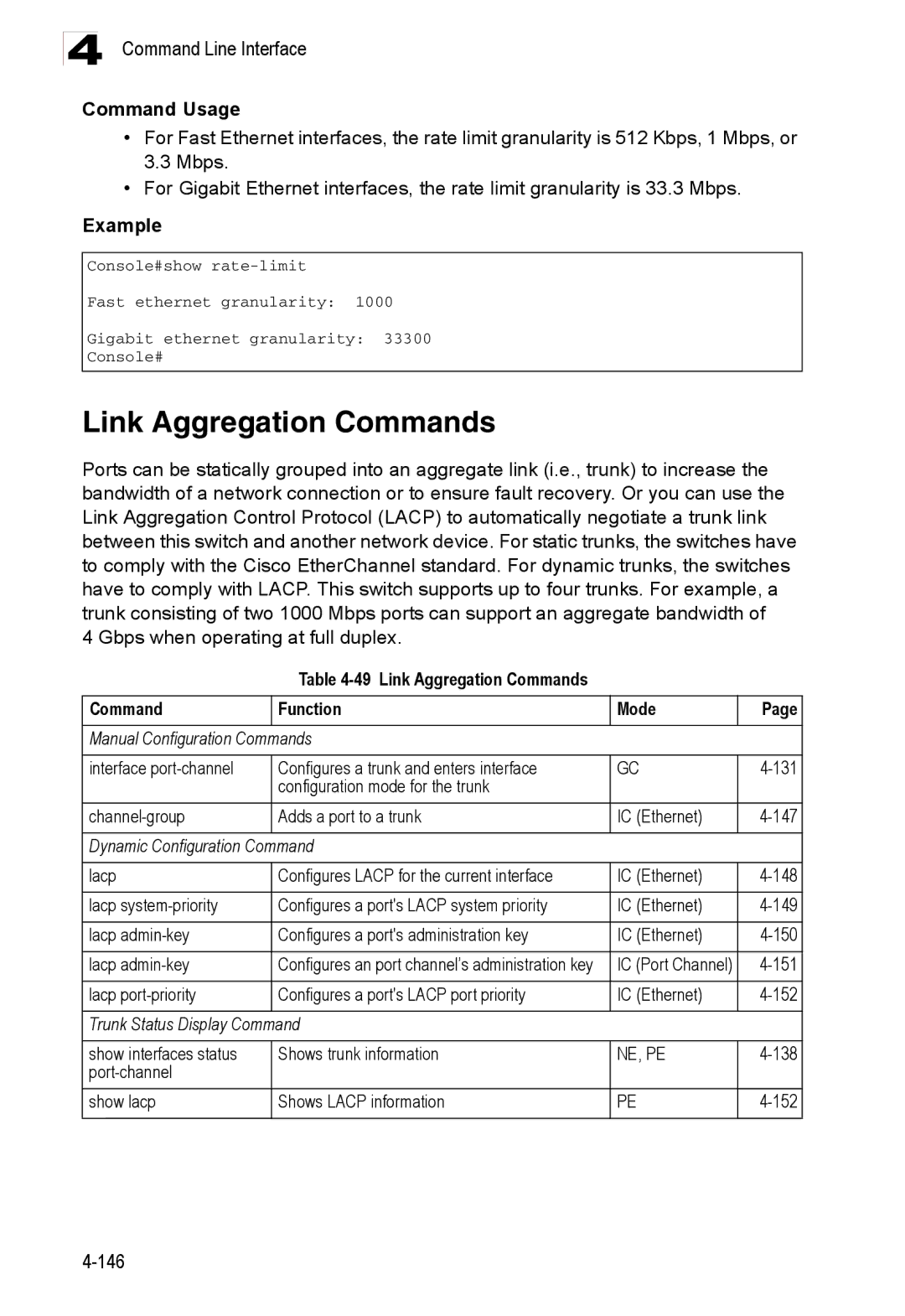 Accton Technology ES3526XA manual Link Aggregation Commands, 151, 138, Port-channel Show lacp Shows Lacp information 152 