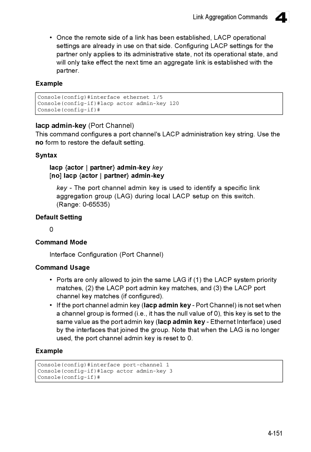 Accton Technology ES3552XA, ES3526XA manual Lacp admin-key Port Channel, Interface Configuration Port Channel 