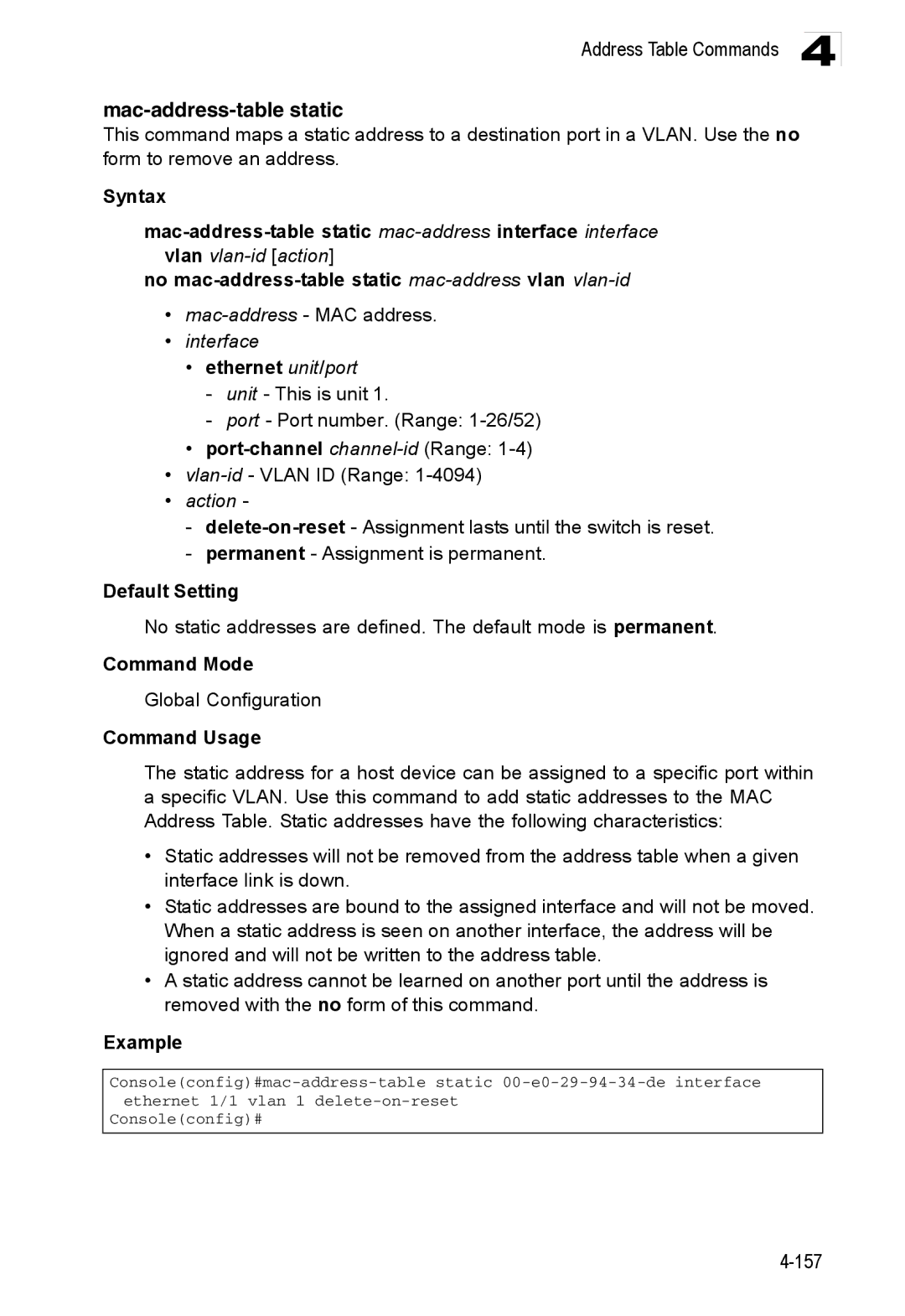 Accton Technology ES3552XA, ES3526XA Mac-address-table static, Mac-address- MAC address, Vlan-id- Vlan ID Range, Action 