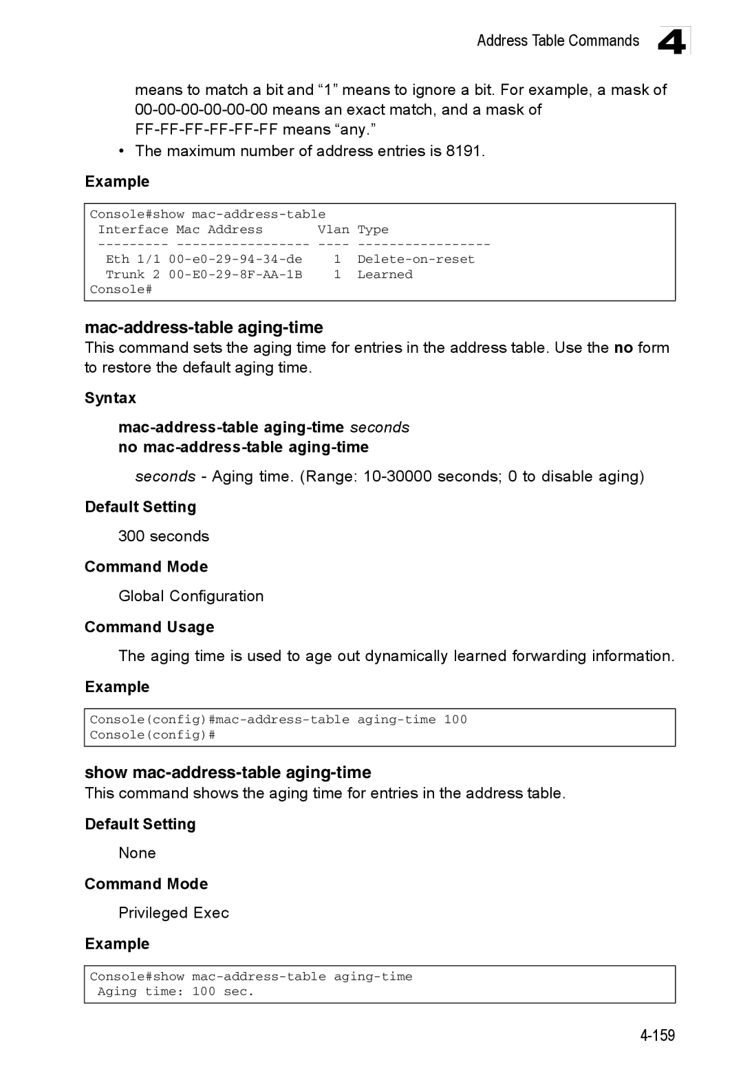 Accton Technology ES3552XA, ES3526XA manual Mac-address-table aging-time, Show mac-address-table aging-time 