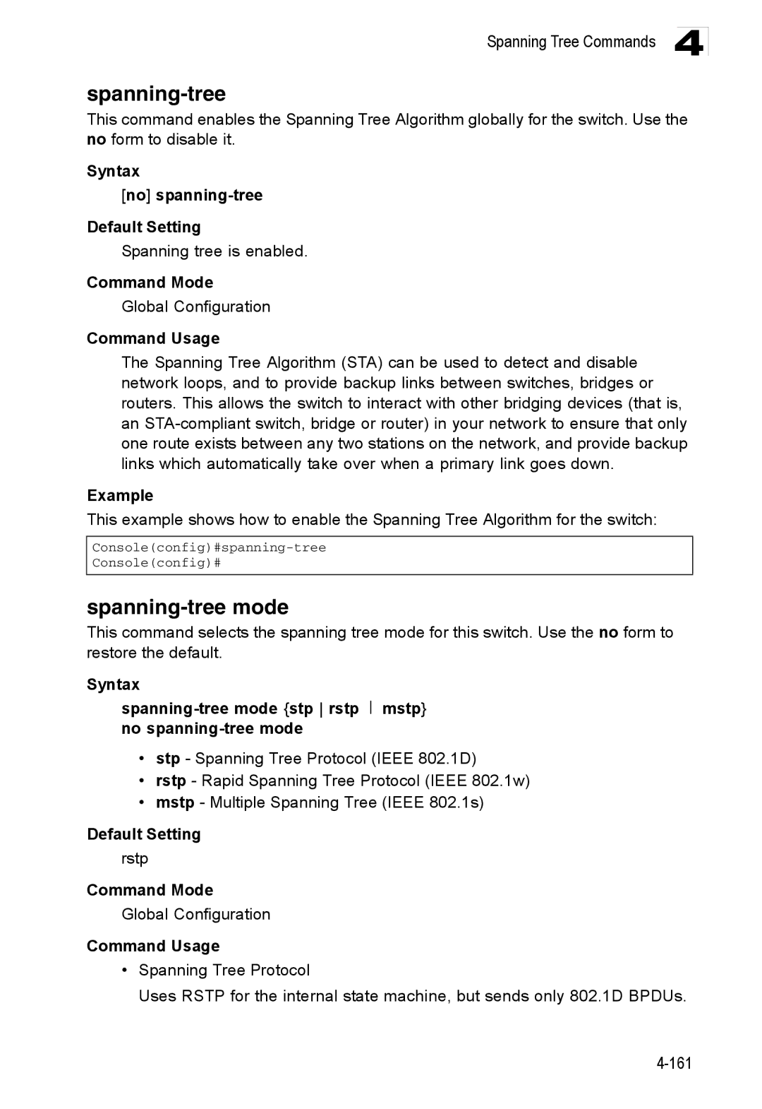 Accton Technology ES3552XA Spanning-tree mode, Syntax No spanning-tree Default Setting, Spanning tree is enabled, Rstp 