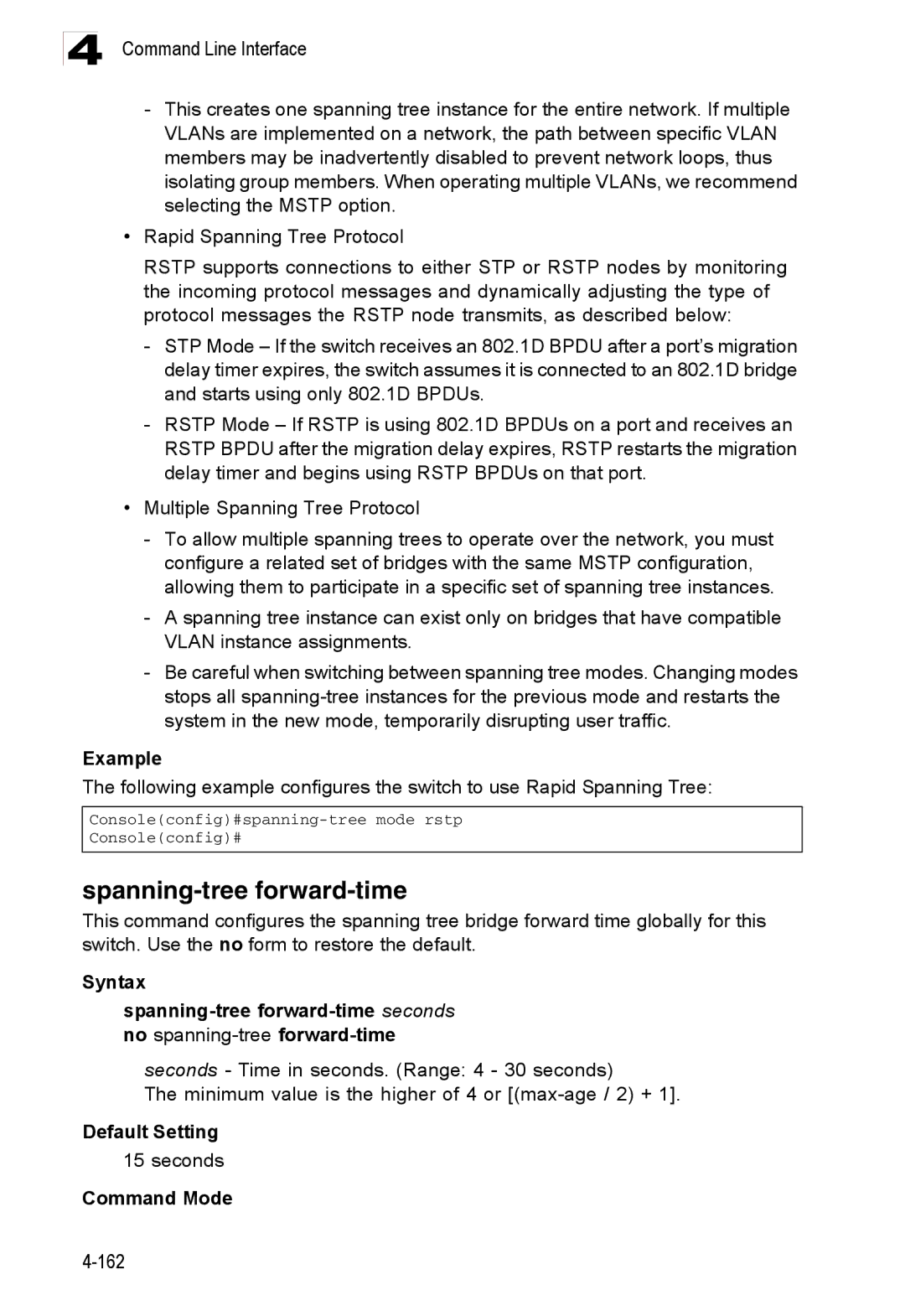 Accton Technology ES3526XA, ES3552XA manual Spanning-tree forward-time, Syntax 