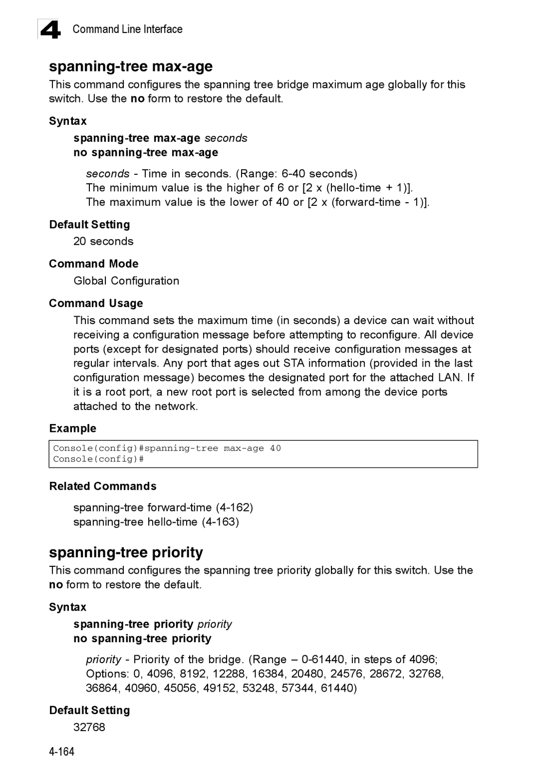 Accton Technology ES3526XA, ES3552XA manual Spanning-tree max-age, Spanning-tree priority 