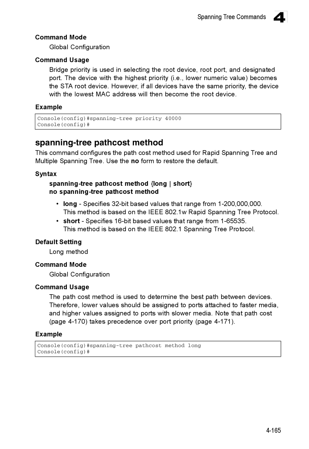 Accton Technology ES3552XA, ES3526XA manual Spanning-tree pathcost method, Long method 