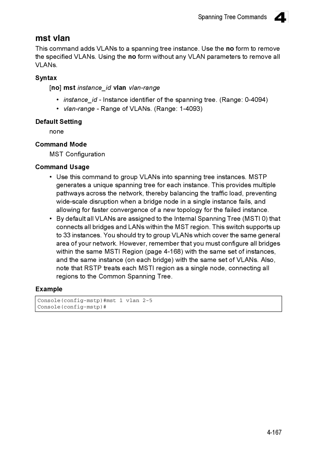 Accton Technology ES3552XA, ES3526XA manual Mst vlan, No mst instanceid vlan vlan-range, MST Configuration 