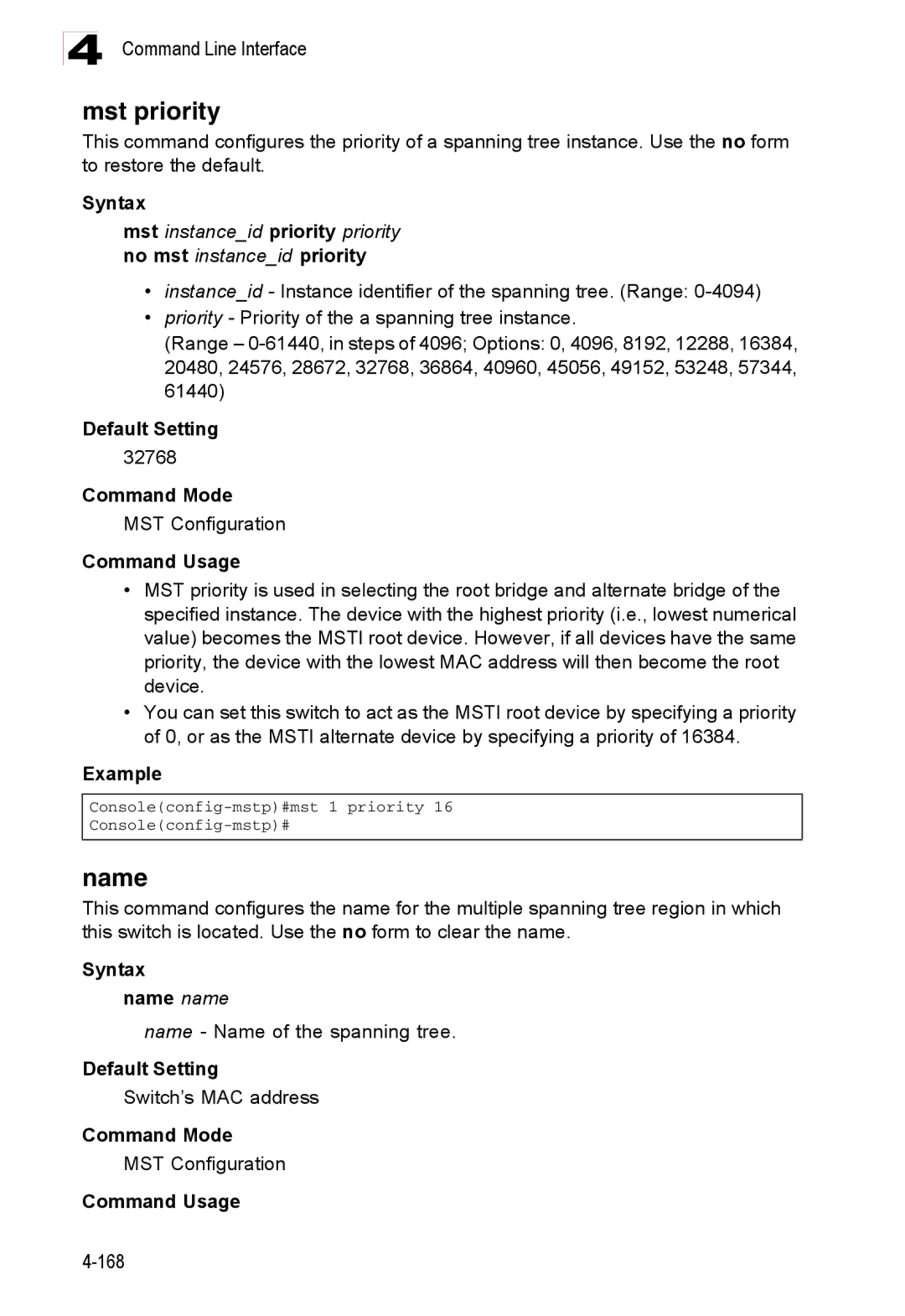 Accton Technology ES3526XA, ES3552XA manual Mst priority, Name, Mst instanceid priority priority no mst instanceid priority 