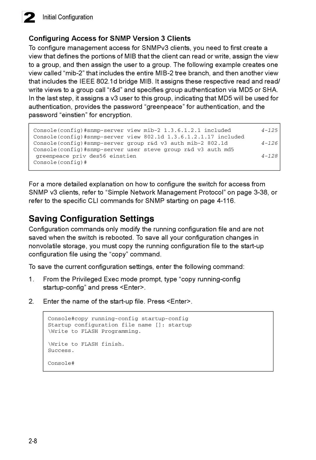 Accton Technology ES3526XA Saving Configuration Settings, Configuring Access for Snmp Version 3 Clients, 125, 126, 128 