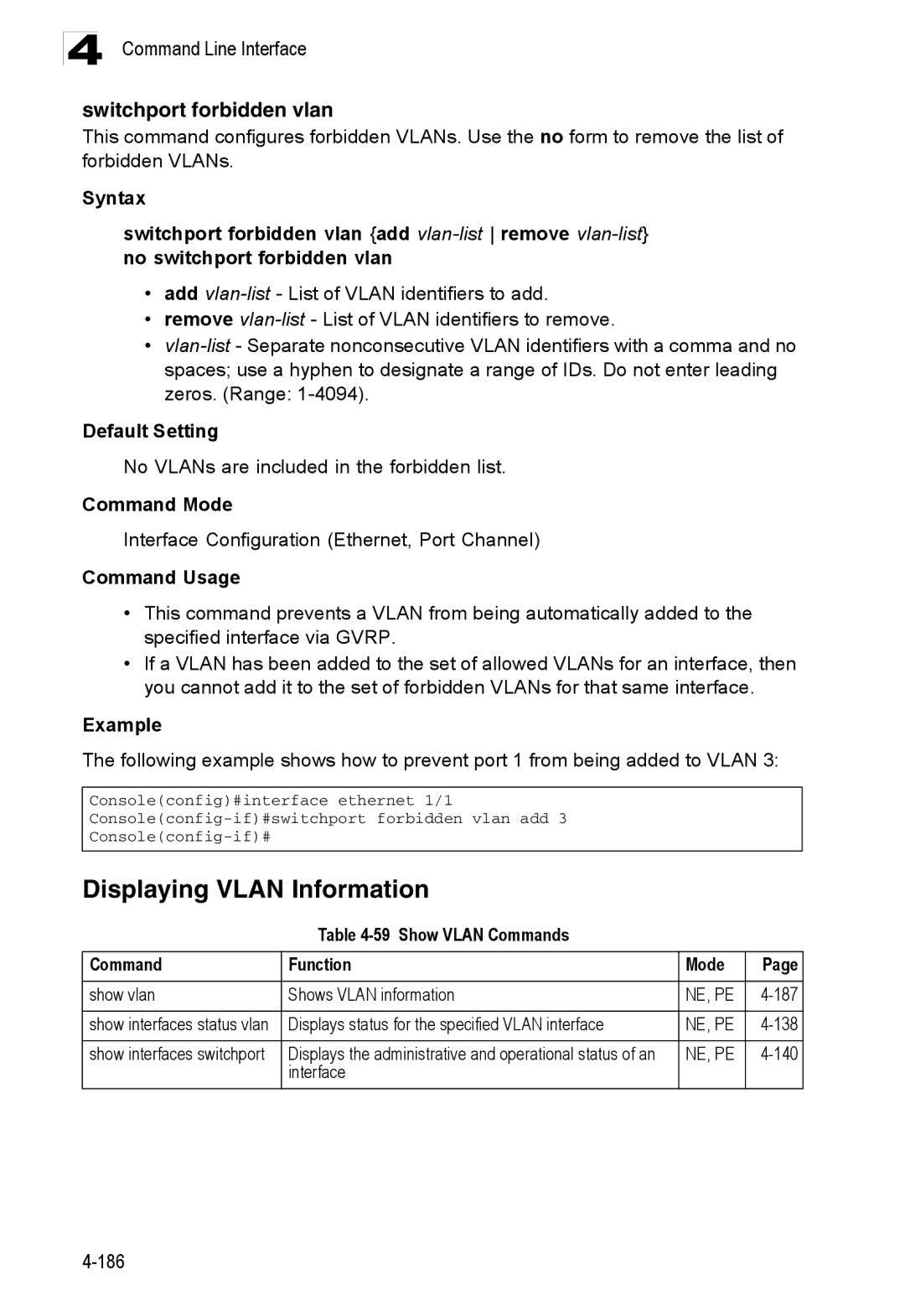 Accton Technology ES3526XA manual Displaying Vlan Information, Switchport forbidden vlan, Show Vlan Commands Function Mode 