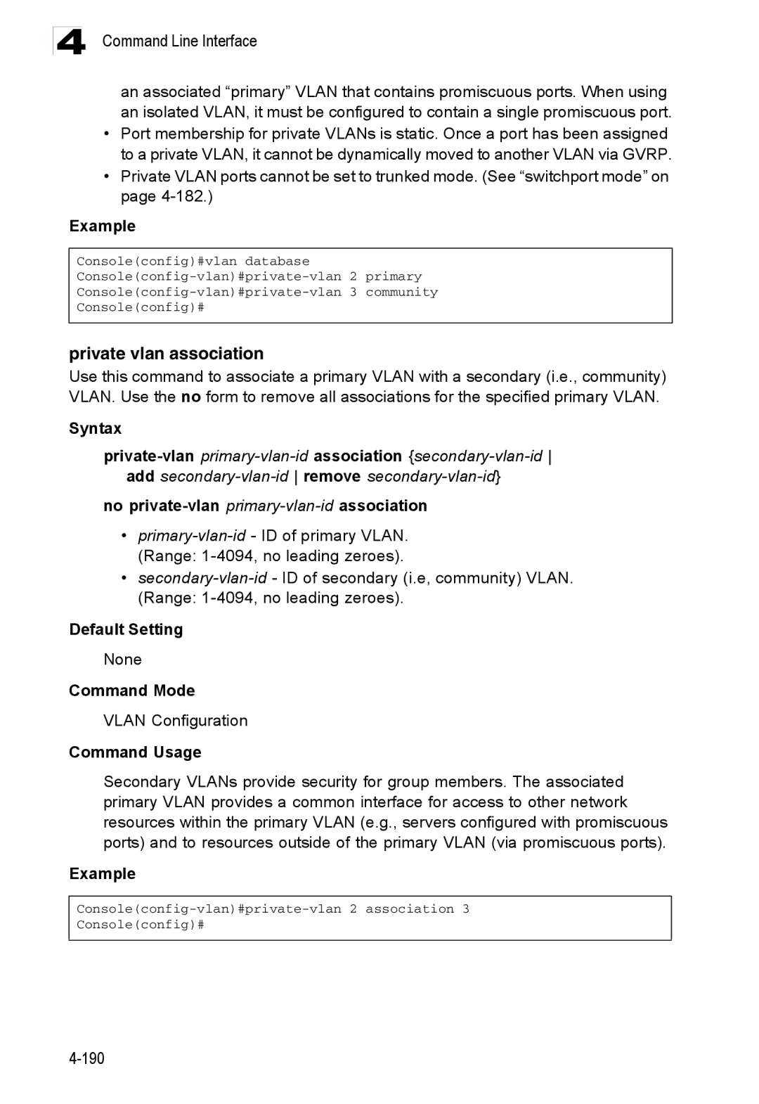 Accton Technology ES3526XA, ES3552XA manual Private vlan association, No private-vlan primary-vlan-idassociation 