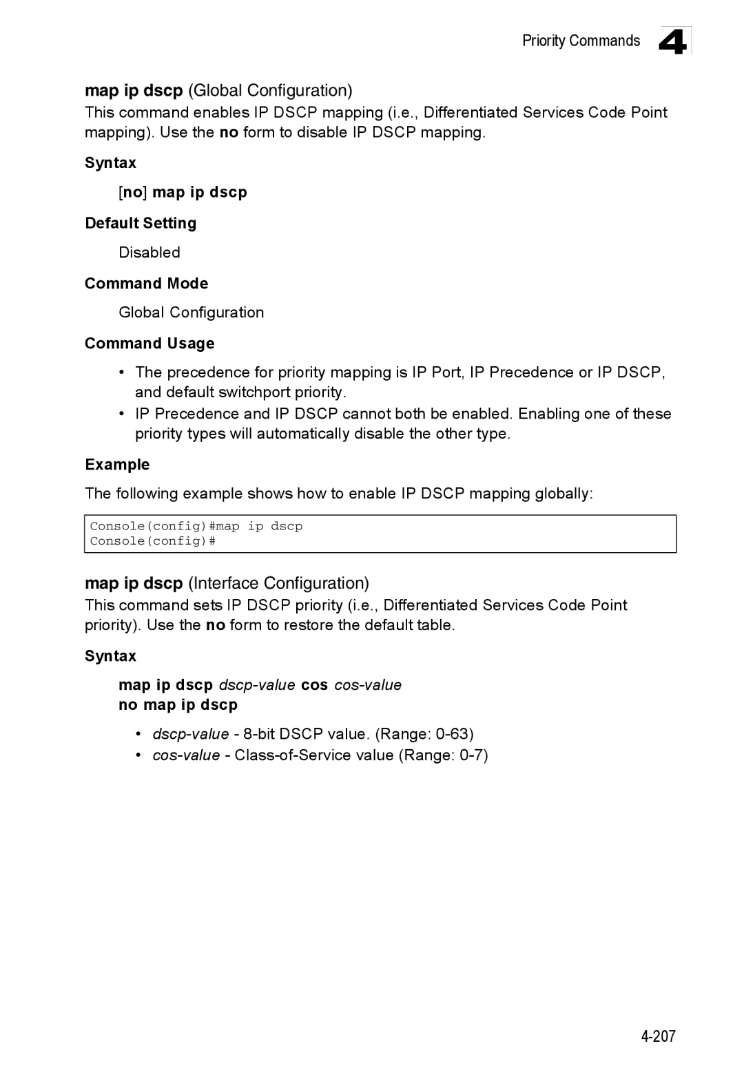 Accton Technology ES3552XA Syntax No map ip dscp Default Setting, Map ip dscp dscp-value cos cos-value no map ip dscp 