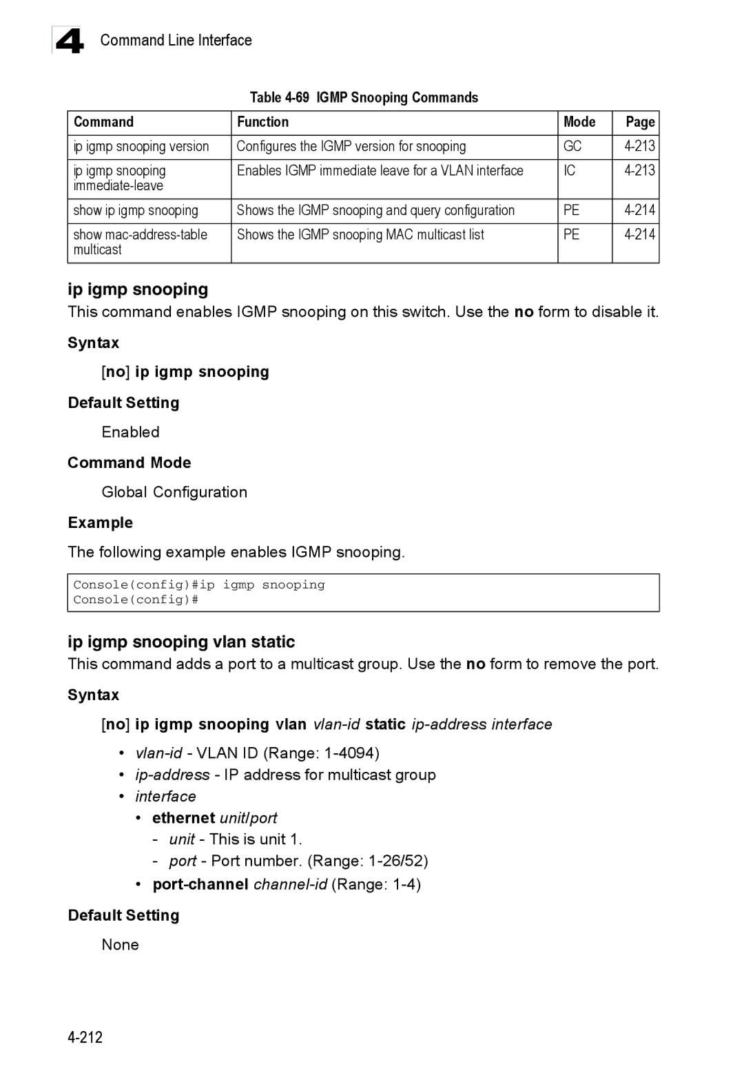 Accton Technology ES3526XA, ES3552XA manual Ip igmp snooping vlan static, Syntax No ip igmp snooping Default Setting 