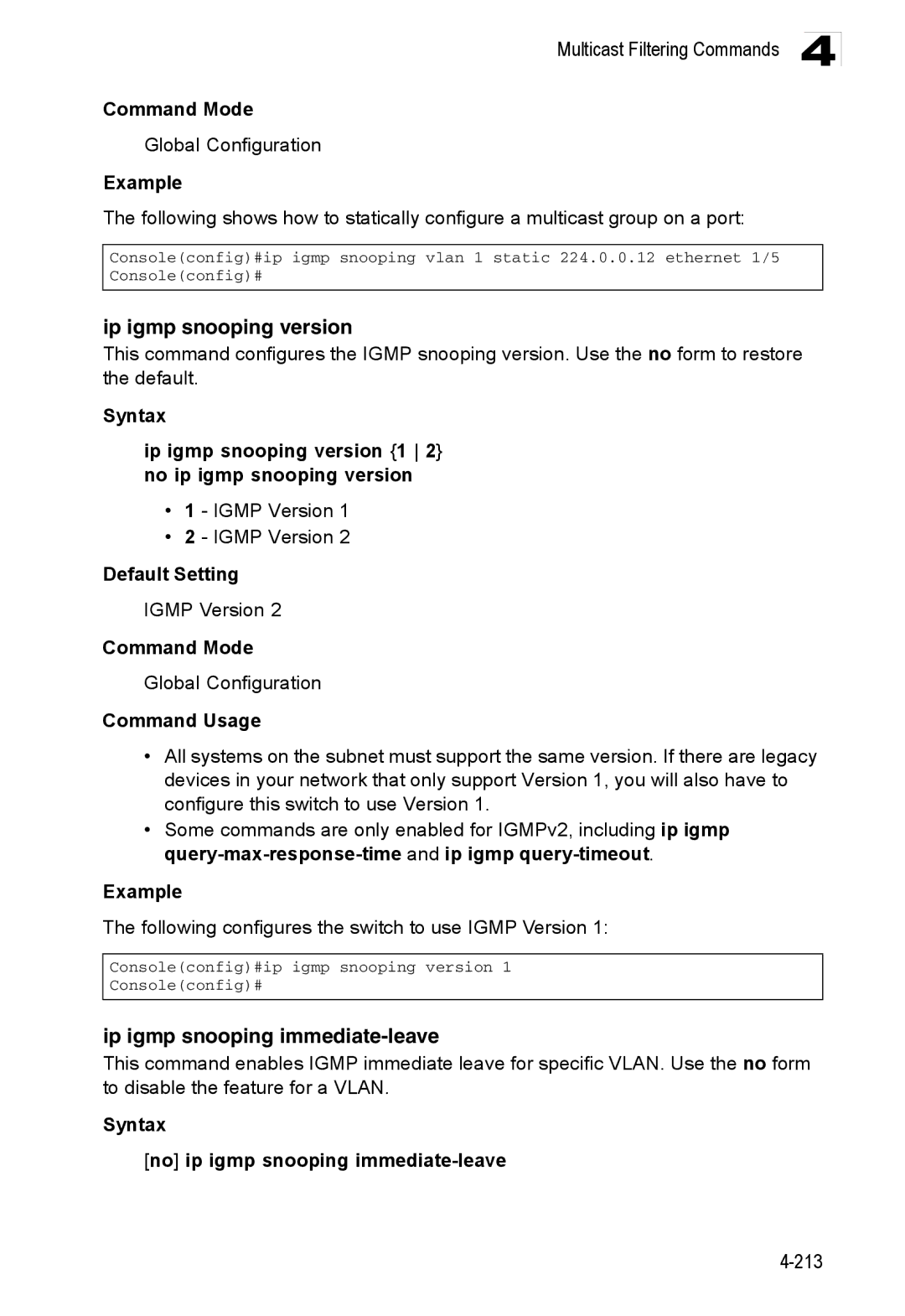 Accton Technology ES3552XA, ES3526XA manual Ip igmp snooping version, Ip igmp snooping immediate-leave, Igmp Version 