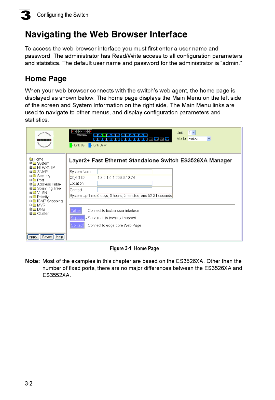 Accton Technology ES3526XA, ES3552XA manual Navigating the Web Browser Interface, Home 