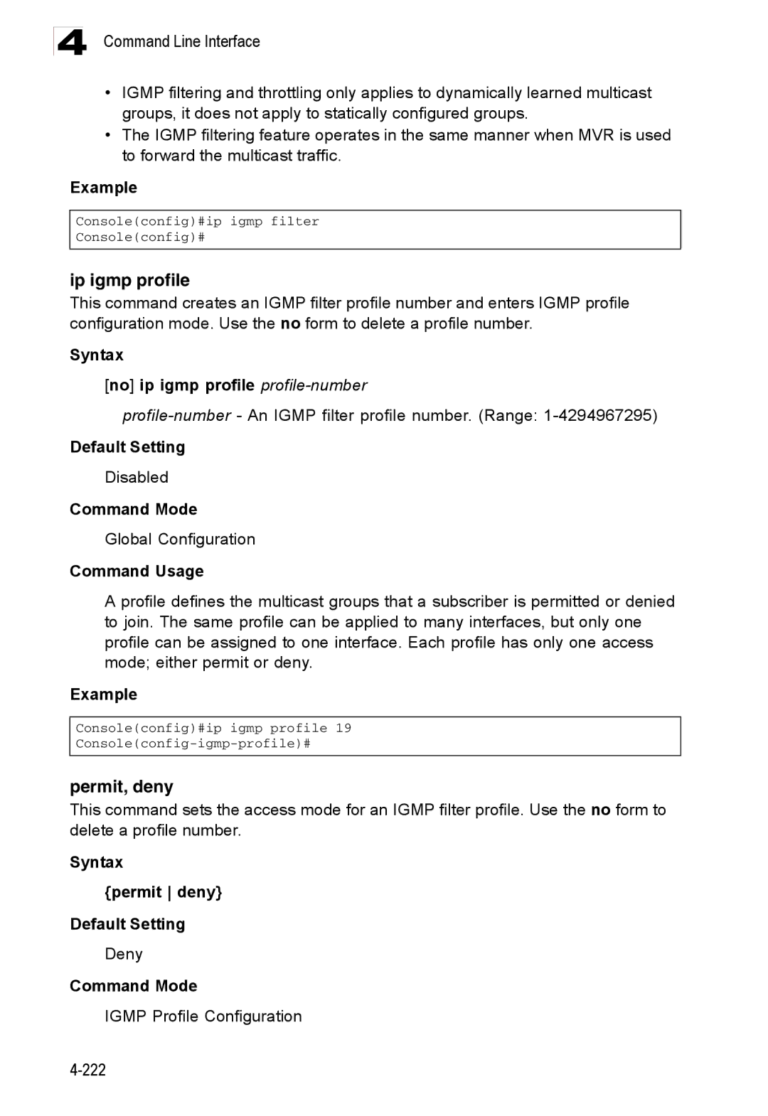 Accton Technology ES3526XA, ES3552XA manual Ip igmp profile, Permit, deny, Syntax No ip igmp profile profile-number 