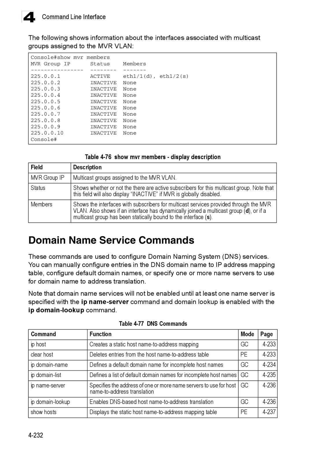 Accton Technology ES3526XA Domain Name Service Commands, show mvr members display description, DNS Commands Function Mode 