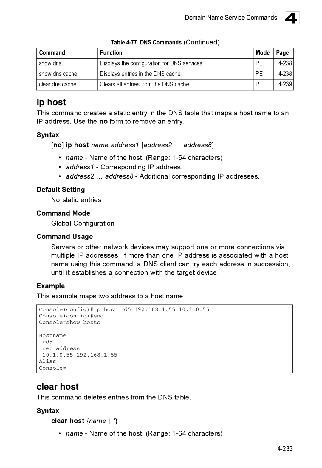 Accton Technology ES3552XA, ES3526XA Ip host, No ip host name address1 address2 … address8, Syntax Clear host name 