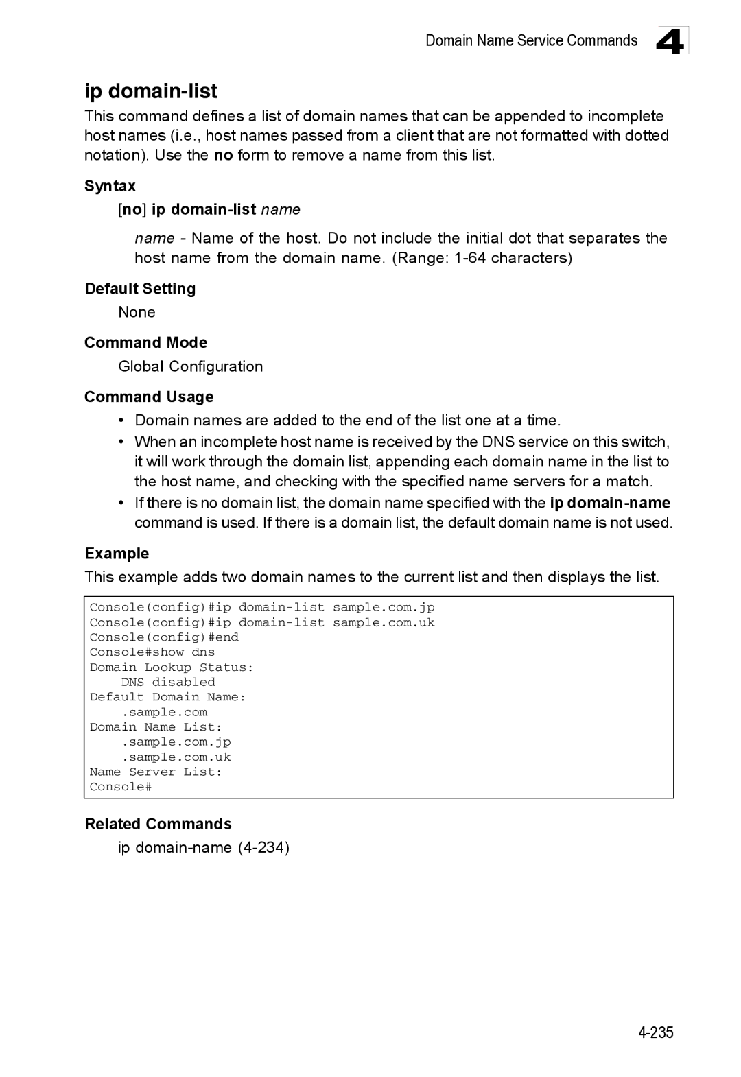 Accton Technology ES3552XA, ES3526XA manual Ip domain-list, Syntax No ip domain-list name, Ip domain-name4-234 