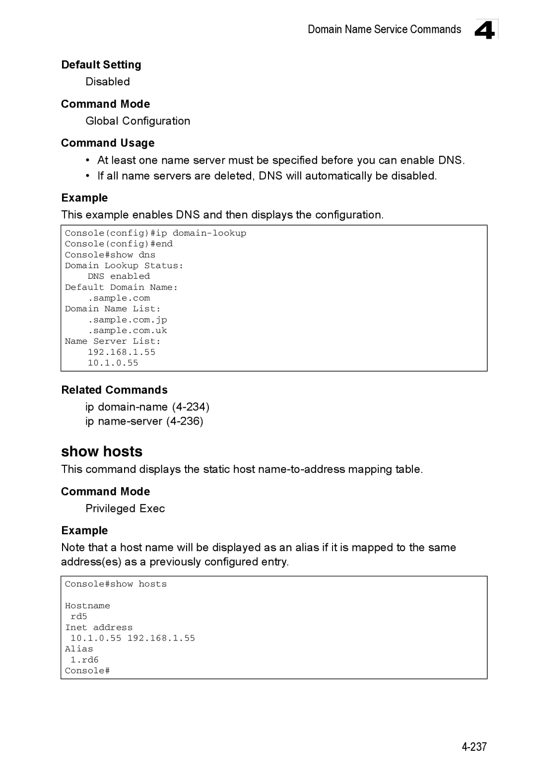 Accton Technology ES3552XA, ES3526XA manual Show hosts, Ip domain-name4-234 ip name-server4-236 