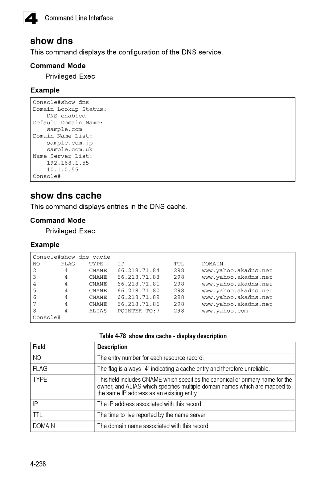 Accton Technology ES3526XA, ES3552XA manual Show dns cache, show dns cache display description 