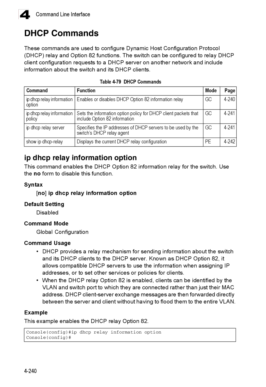 Accton Technology ES3526XA, ES3552XA manual Ip dhcp relay information option, Dhcp Commands Function Mode 