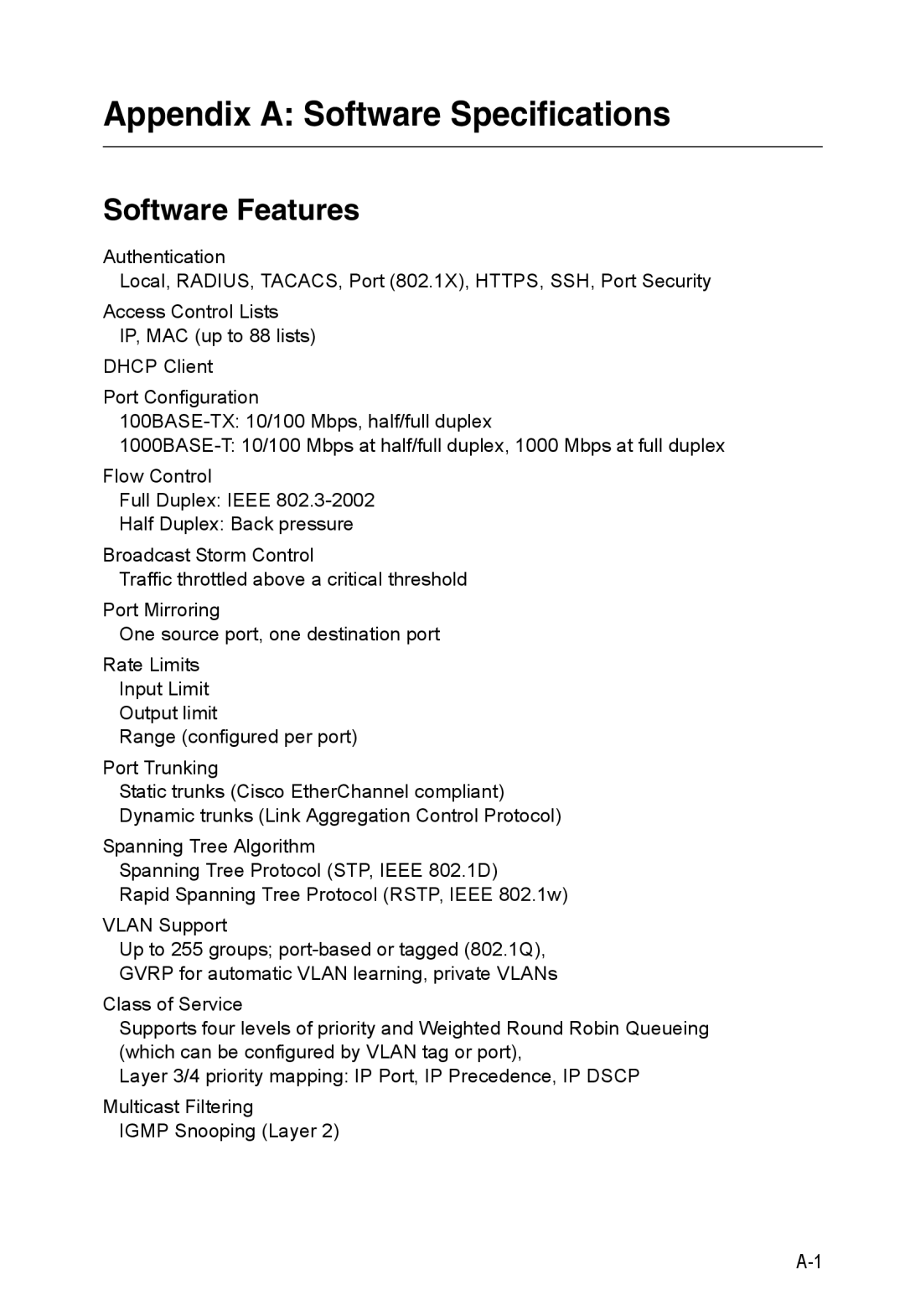 Accton Technology ES3552XA, ES3526XA manual Appendix a Software Specifications, Software Features 