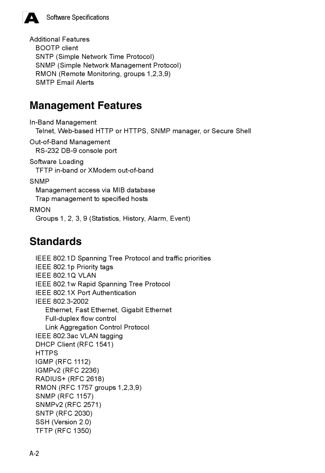 Accton Technology ES3526XA, ES3552XA Management Features, Standards, Groups 1, 2, 3, 9 Statistics, History, Alarm, Event 