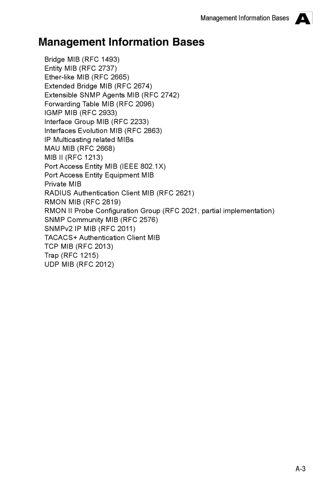 Accton Technology ES3552XA, ES3526XA manual Management Information Bases 