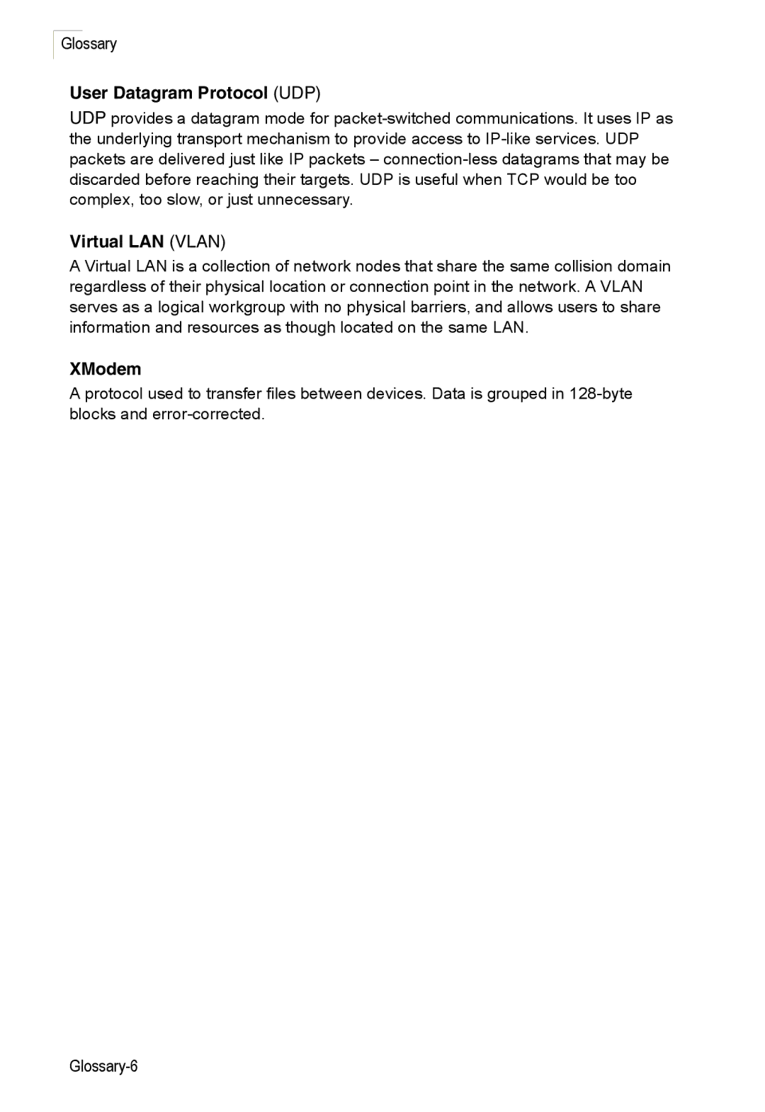 Accton Technology ES3526XA, ES3552XA manual User Datagram Protocol UDP, Virtual LAN Vlan, XModem 