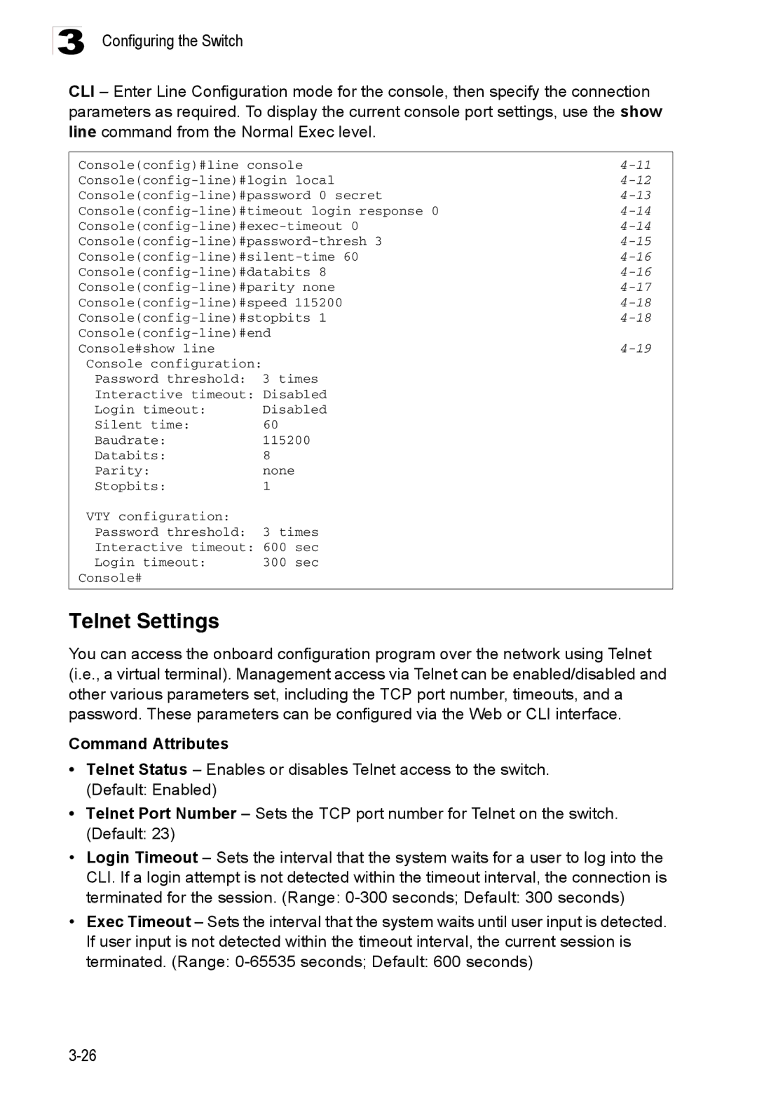 Accton Technology ES3526XA, ES3552XA manual Telnet Settings 